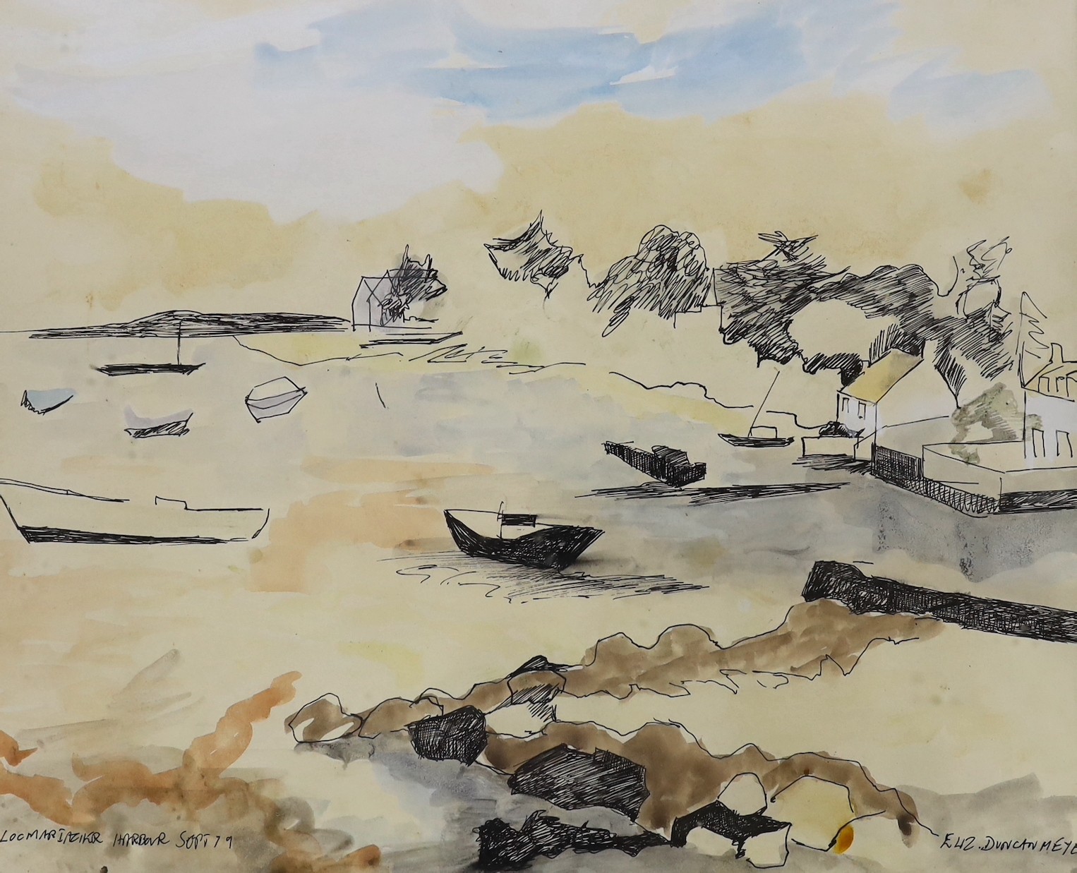 Elizabeth Duncan Meyer (b.1942), ink and watercolour, Harbour scene, singed, inscribed, and dated ‘79, 27 x 32cm